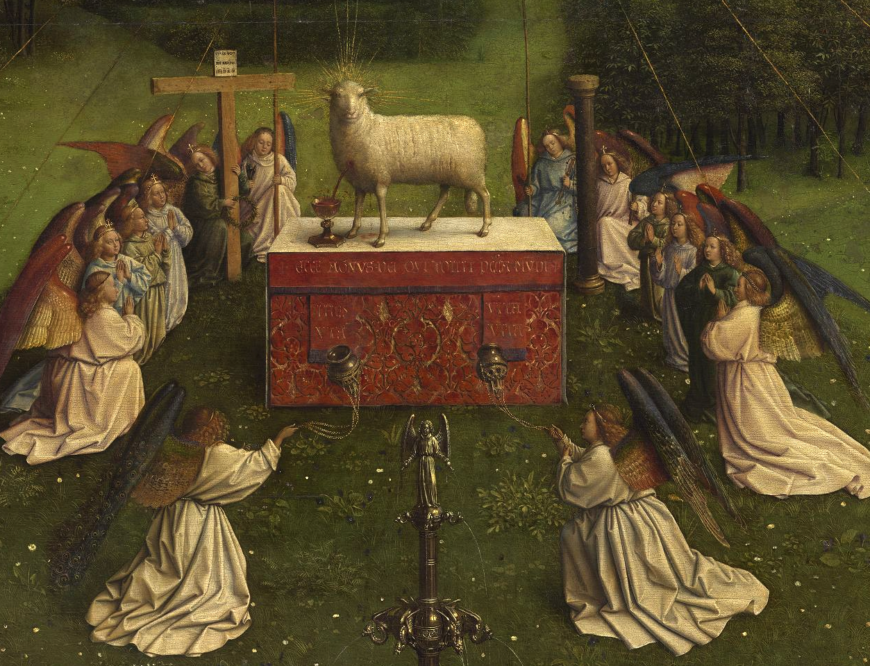 Adoration of the Mystic Lamb at the center, angels, and fountain at the bottom (detail) Jan van Eyck, Ghent Altarpiece (open), completed 1432, oil on wood, 11 feet 5 inches x 15 feet 1 inch, Saint Bavo Cathedral, Ghent, Belgium (photo: Closer to Van Eyck)